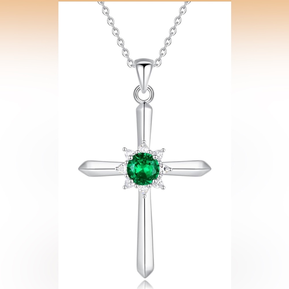 Sterling Cross Pendant Necklace with Emerald